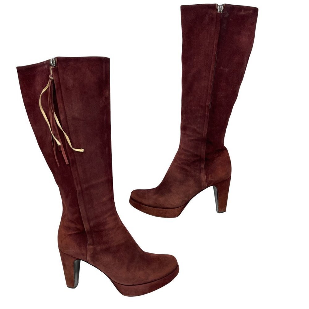 Pollini Womens Maroon Lush Suede Tassel Block Heel Double Zip Tall Boot Size 6.5 - Picture 2 of 12